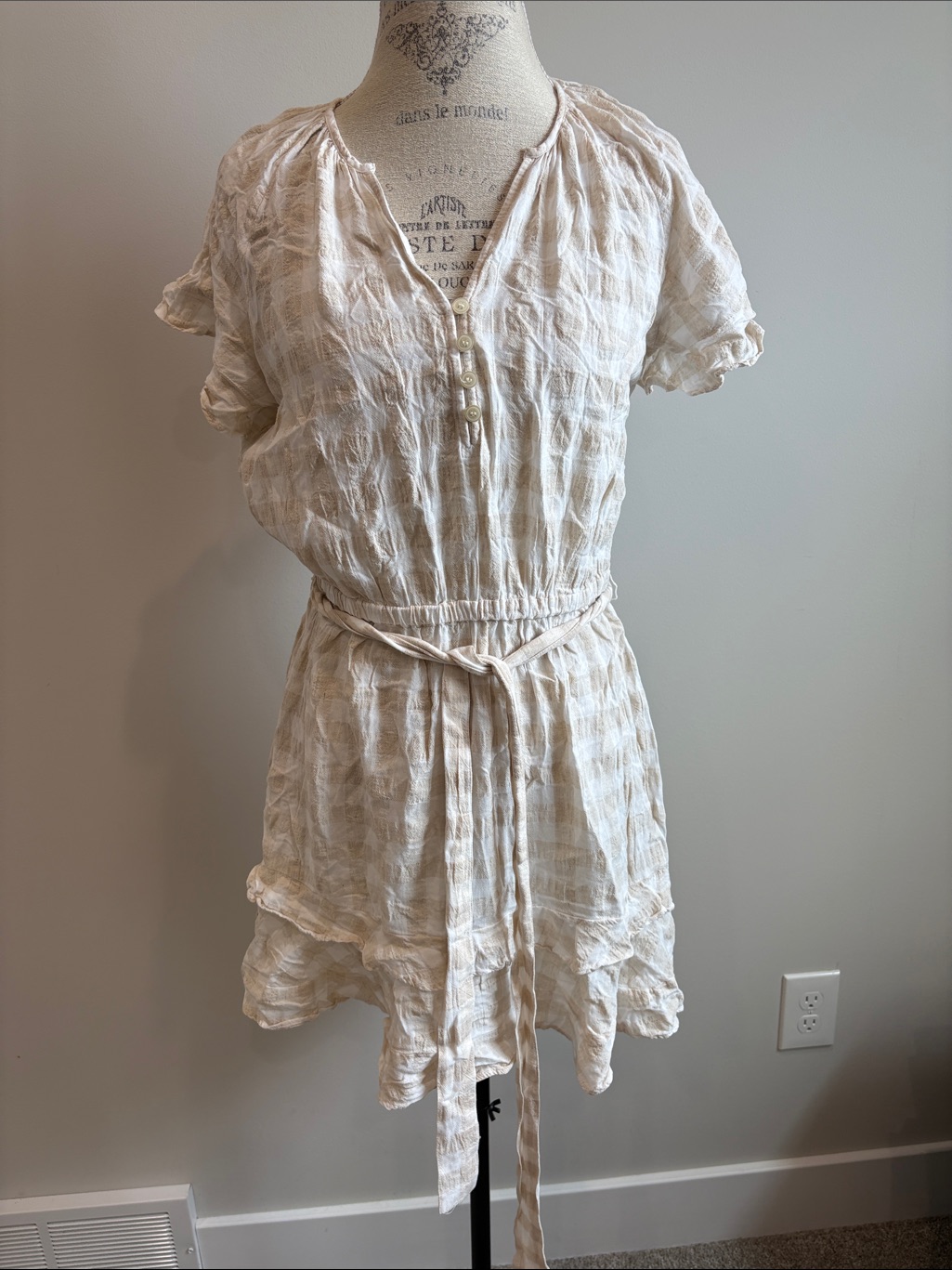 Loft Cream Gauzy Short-Sleeve Belted Mini Dress